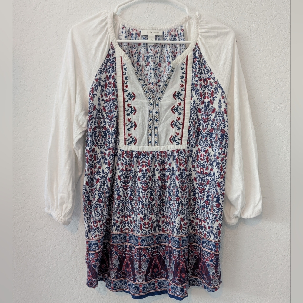Vintage America Boho Print White Red Blue Tunic Large